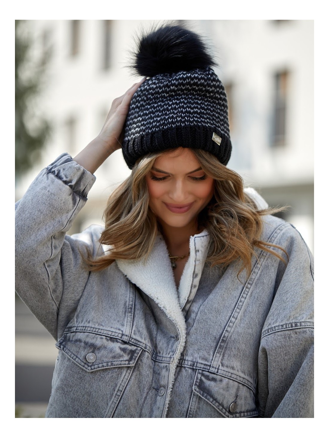 Black herringbone winter hat C44 - Online store - Boutique